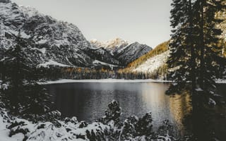 Картинка горы, гора, природа, пейзаж, зима, снег, озеро, пруд, вода