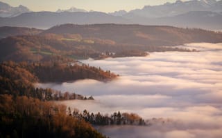 Картинка осень, осенние, время года, сезоны, сезонные, гора, лес, деревья, дерево, природа, пейзаж, облачно, облачный, облака, туман, дымка, туча, облако, тучи, небо