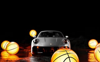 Картинка Porsche, Порше, машины, машина, тачки, авто, автомобиль, транспорт, ночь, темный, темнота, amoled, амолед, черный, мяч, баскетбольный, шар