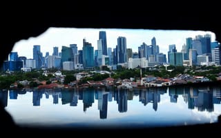 Картинка Джакарта, Индонезия, город, города, здания, небоскреб, высокий, здание, мегаполис, современный, озеро, пруд, вода, река