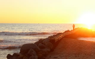 Картинка океан, море, вода, природа, берег, побережье, скала, вечер, закат, заход, солнце