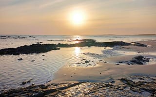 Картинка океан, море, вода, природа, берег, побережье, песок, песчаный, пляж, вечер, закат, заход, солнце
