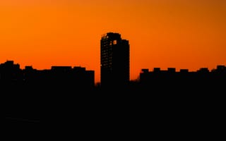 Картинка город, города, здания, здание, небоскреб, высокий, современный, вечер, закат, заход, силуэт