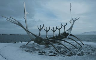Картинка Солнечный странник, корабль, лодка, Исландия, Рейкьявик, скульптура, достопримечательность, искусство, разные, зима, снег