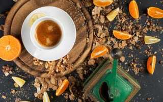 Картинка кофе, напиток, напитки, чашка, апельсин, цитрус, фрукт
