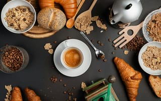 Картинка кофе, напиток, еда, вкусная, круасcан, выпечка, завтрак, мюсли, овсянка