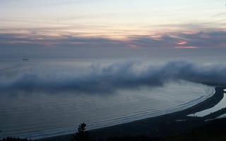 Картинка океан, море, вода, природа, берег, побережье, пляж, облака, туча, облако, тучи, небо, облачно, облачный, туман, дымка, вечер, закат, заход