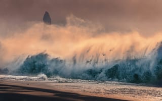 Картинка волна, океан, море, вода, природа, берег, побережье, песок, песчаный, пляж, вечер, закат, заход