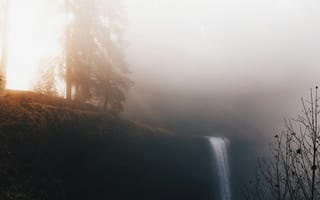 Картинка водопад, лес, туман, природа, пейзаж, свет, осень