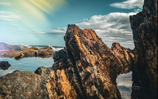 Картинка море, скалы, природа, пейзаж, солнце, небо, отражение