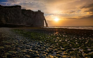 Картинка пейзаж, море, закат, скалы, природа, пляж, камни