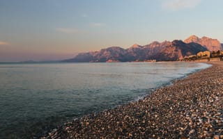 Картинка море, пейзаж, горы, побережье, закат, природа, камни