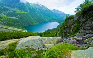 Картинка природа, горы, озеро, пейзаж, зелень, камни, небо