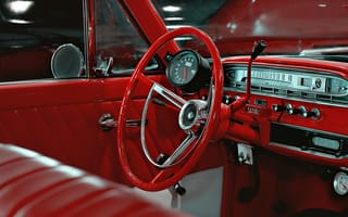 Картинка автомобиль, интерьер, классика, красный, дизайн, руль, приборы