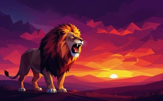 Картинка лев, закат, животные, пейзаж, графика, природа, арт