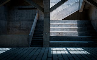 Картинка архитектура, лестница, бетон, интерьер, свет, тени, минимализм