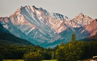 Картинка горы, природа, пейзаж, снег, лес, восход, отдых