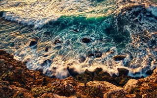 Картинка море, скалы, природа, пейзаж, волны, океан, закат
