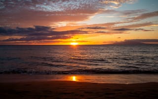 Картинка закат, море, пейзаж, пляж, небо, волны, природа, солнце