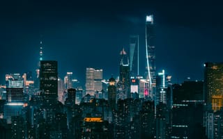 Картинка город, ночь, неон, небоскребы, пейзаж, архитектура, свет