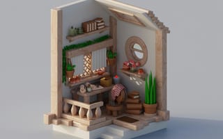 Картинка домик, интерьер, декор, уют, дерево, растения, ремесло, стол, окно, атмосфера