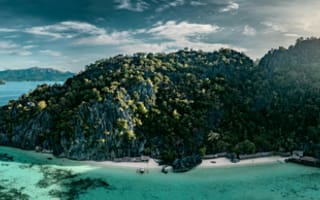 Картинка остров, море, природа, пейзаж, песок, деревья, горы