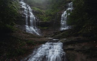 Картинка водопад, природа, пейзаж, лес, камни, мгла, вода