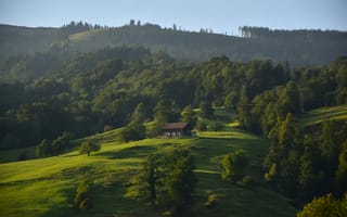 Картинка природа, пейзаж, лес, холмы, дом, зелень, горы, свет, спокойствие, сельская местность