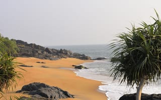 Картинка пляж, море, пейзаж, скалы, песок, природа, растения