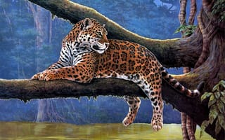 Картинка ветка, живопись, река, животные, jaguar, ягуар, raymond reibel