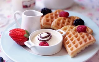 Картинка десерт, малина, завтрак, еда, ягоды, вафли, клубника