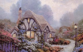 Картинка синие, thomas kinkade, дом, коттедж, живопись, chandler`s cottage, сад