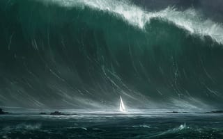 Картинка океан, яхта, гигантская волна