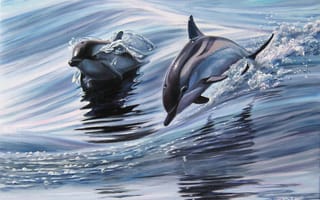 Картинка животные, дельфины, полёт, елена самарская, живопись