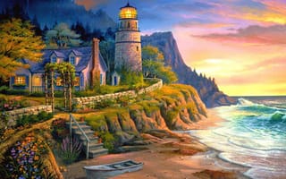 Картинка маяк, живопись, море, вечер, lighting the way, закат, michael humphries