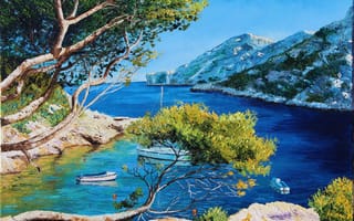 Картинка горы, картина, jean-marc janiaczyk, свет, арт, море, пейзаж