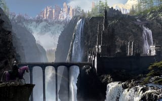 Картинка всадник, арт, мост, конь, водопады, замок, арки