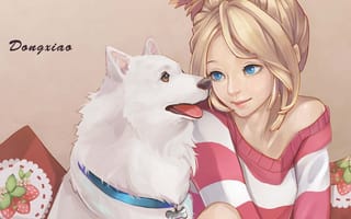 Картинка ошейник, собака, dong xiao, девушка, арт