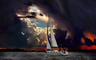 Картинка море, мрачная красота, приближение шторма, просвет, тучи, яхта