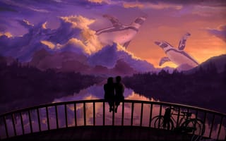Картинка романтика, арт, мост, закат, велосипед, любовь, пара