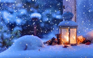 Картинка настроение, фонарь, рождество, снег, макро, зима
