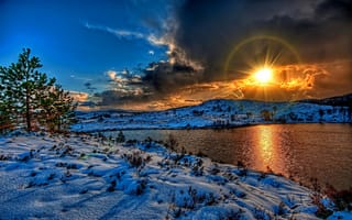 Обои закат, облака, зима, снег, небо, природа, река, солнце