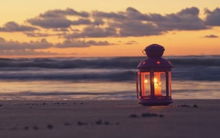 Картинка закат, море, рирода, небо, пейзаж, пляж, песок, фонарь