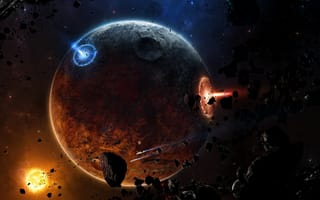 Картинка meteorites, spaceships, sci fi, fire, astroides, planet