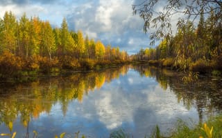 Картинка небо, река, отражения, лес, осень