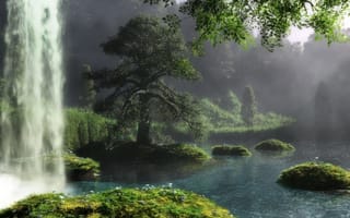 Картинка дерево, водопад, река, природа, klontak, Арт, пейзаж