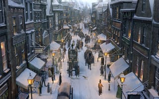 Картинка город, лошади, снег, улица, арт, зима, люди, повозки