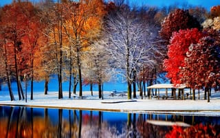 Картинка встреча осени и зимы, пейзаж, красиво