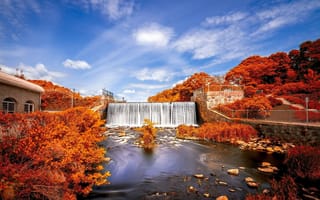 Картинка водопад, плотина, осень
