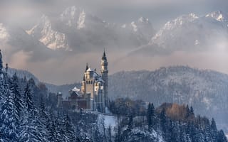 Картинка Нойшванштайн, пейзаж, замок, Германия, горы, Бавария, природа, зима, лес, снег